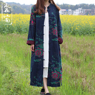 亂在江南民族風(fēng)印花棉麻風(fēng)衣女中長款春秋新品中式盤扣休閑外套女裝 深藍(lán)色 L