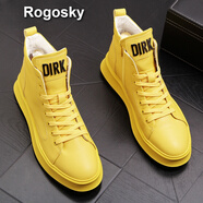 Rogosky 香港潮牌男鞋新款簡(jiǎn)約字母金屬中高幫板鞋男式秋冬季韓版百搭增高厚底素面中高邦小白鞋 黃色 40（比運(yùn)動(dòng)鞋偏大一碼）