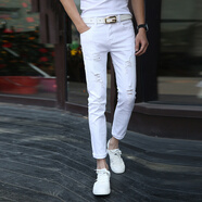 JACKTOMSLEE九分褲男牛仔褲彈力小腳褲純白色鉛筆褲磨爛緊身褲顯瘦小窄腳貼身褲日韓風(fēng) 903白色破洞 29(2尺2)