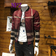 NPZ 港風(fēng)潮牌男士棒球服大碼青年修身時(shí)尚英倫風(fēng)經(jīng)典格子外套夾克男 酒紅色 M【100-115】斤
