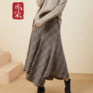 亦朵秋冬毛呢半身裙女格子高腰不規則a字裙中長(cháng)款裙 咖色格子  L  