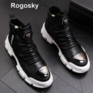 Rogosky 香港潮牌男鞋新款休閑百搭金屬拼接側(cè)拉鏈馬丁靴男秋冬季簡(jiǎn)約徽章素面增高厚底短靴子 黑色（單里） 42