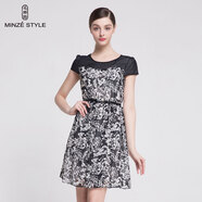 名師路品牌女裝夏裝短袖收腰輕薄淑女印花碎花拼接大擺雪紡連衣裙女 TS626123黑色88 2XL