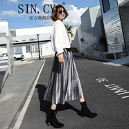 SIN.CYC女裝金絲絨百褶裙女秋冬半身裙女中長(zhǎng)款韓版高腰冬裙 銀灰色 M 27