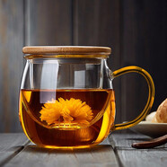 美斯尼 茶杯玻璃茶水分離杯子茶具竹蓋帶把手加厚耐熱男女士玻璃泡茶杯 彩把手 380毫升