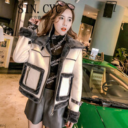 SIN.CYC女裝夾克女短款皮絨女生帥氣短外套女秋冬季女式加絨加厚 米色 M