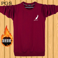 純棉超柔冬季男士保暖長(cháng)袖T恤加絨加厚衛衣加肥加大碼胖子打底衫 小羽毛酒紅色 4XL建議190-210斤