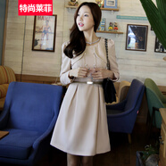 特尚萊菲 秋冬新款女裝韓版OL修身雙排扣長(zhǎng)袖連衣裙 LWQ3001 杏色 L(170/92A)
