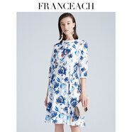 法涵意弛重磅真絲連衣裙女2025夏裝新款桑蠶絲七分袖小個(gè)子印花連衣裙 白底抽象花 S