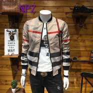 NPZ 港風(fēng)潮牌男士棒球服大碼青年修身時(shí)尚英倫風(fēng)經(jīng)典格子外套夾克男 卡其色 XL【130-145】斤