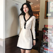 miss nitaly新款連衣裙春小個子毛衣半裙兩件裝女高腰短款針織年會裙子 米白色 S