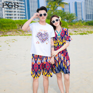 普戈斯（PUGESI）巴厘島馬爾代夫沙灘裙女夏泰國情侶海邊度假套裝超仙三亞旅游衣服 桃心對位花款 女款裙子M碼