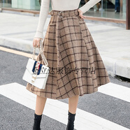 OVMATTU潮牌新品秋冬新款高腰a字裙蓬蓬傘裙百褶裙韓版中長(cháng)款百褶格子毛呢半身裙 藏青色 S