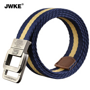 JWKE 男士雙環(huán)扣帆布腰帶運動休閑青年牛仔褲皮帶百搭褲腰帶學生褲帶 黃藍條紋 130cm