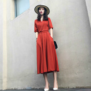 miss nitalyV領(lǐng)優(yōu)雅氣質(zhì)長(cháng)裙雪紡連衣裙女夏新款收腰系帶顯瘦冷淡風(fēng)仙女裙 橘紅色 S86-95斤