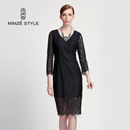 名師路V領(lǐng)蕾絲連衣裙女春秋裝新款優(yōu)雅氣質(zhì)淑女通勤九分袖中長(cháng)款一步裙 黑色88 M