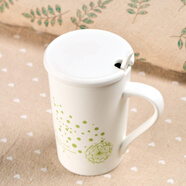蓮澤 陶瓷咖啡杯子馬克杯情侶杯創(chuàng)意早餐杯子辦公水杯帶蓋帶勺子 亞光綠配瓷蓋瓷勺