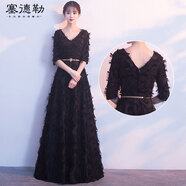 塞德勒宴會晚禮服女2025新款端莊大氣顯瘦中長款氣質(zhì)名媛聚會連衣裙 黑色V領(lǐng)長款 L