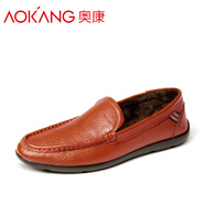 奧康（Aokang）男鞋春季新款頭層牛皮休閑鞋男英倫套腳駕車懶人豆豆鞋男真皮 黃棕加絨款166819188 38