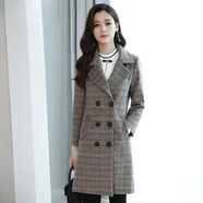 蘭威費雷加棉加厚韓版冬裝格子西裝中長款風衣中年女裝加棉毛呢外套 單咖啡格 2XL 建議123-142斤左右