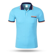夏男裝翻領(lǐng)T恤定制廣告文化衫餐廳員工polo定做印繡服務(wù)員短袖體恤工作衣服 天藍藏青領(lǐng) XL