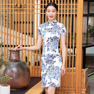 木真了中式青花瓷印花改良時(shí)尚修身顯瘦旗袍裙女913 02色 XL