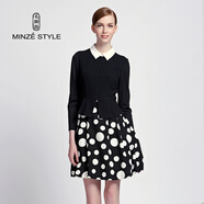 名師路春秋裝新品假兩件時(shí)尚淑女連衣裙女印花波點(diǎn)打底短裙套裝裙 黑白圓點(diǎn)90 M