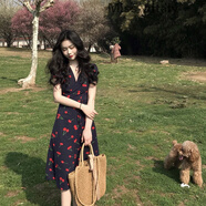 miss nitaly香港潮牌2022夏季文藝褶皺甜美優(yōu)雅休閑仙女長(zhǎng)裙韓版森女系學(xué)生通勤連衣裙百搭 藏藍(lán) M