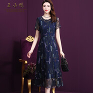 王小鴨連衣裙新款夏洋氣重工網(wǎng)紗蕾絲刺繡收腰中長(cháng)A字裙W-JR-7669 藏青色 L