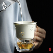 九土雙層隔熱茶杯用帶過濾隔簡易泡綠茶杯陶瓷玲瓏花茶漏辦公帶蓋水杯 款式一