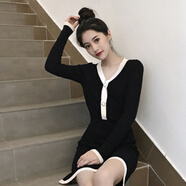 miss nitaly新款連衣裙春小個(gè)子毛衣半裙兩件裝女高腰短款針織年會(huì )裙子 黑色 S