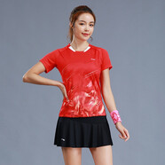 李寧（LI-NING）羽毛球服套裝成人專業(yè)比賽運(yùn)動(dòng)服速干短袖圓領(lǐng)訓(xùn)練排汗團(tuán)購印字 女子/紅色上衣/黑色裙子 套裝 M