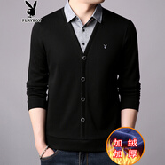 花花公子（PLAYBOY）加絨加厚毛衣男裝假兩件襯衫領(lǐng)長(cháng)袖t恤秋冬針織衫打底衫保暖上衣 黑色 加絨加厚 4XL (190)
