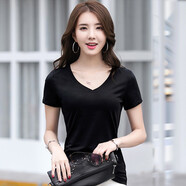 谷卓詩V領(lǐng)修身短袖T恤女2025夏裝新款雞心領(lǐng)氣質(zhì)女士打底半袖體恤衫上衣 黑色 2XL
