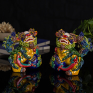 美吔 景德鎮陶瓷藝術(shù)品擺件手工交趾陶彩陶招財貔貅對獅收藏送禮客廳擺件 新雙獅一對