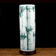 景德鎮陶瓷手繪直筒書(shū)畫(huà)筒卷軸缸箭筒花瓶花插中式客廳電視柜臺面書(shū)房落地客廳裝飾品擺件 綠清香 不帶底座