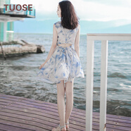 TUOSE 香港潮牌夏季新款女裝顯瘦短款裙子圓領(lǐng)無(wú)袖雪紡連衣裙波西米亞海邊度假沙灘裙 圖片色  M