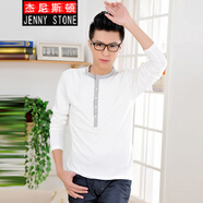 杰尼斯頓（Jenny Stone）潮牌長(zhǎng)袖t恤男修身學(xué)生彈力亨利領(lǐng)打底衫 白色*灰 L