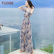 TUOSE 香港潮牌夏季新品韓版顯瘦女裝V領(lǐng)雪紡露肩吊帶連衣裙波西米亞長(zhǎng)裙子度假沙灘裙 圖片色   XL