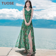 TUOSE 香港潮牌夏季新品女裝v領(lǐng)無袖吊帶雪紡開叉顯瘦長裙連衣裙波西米亞海邊度假沙灘裙 綠色    L