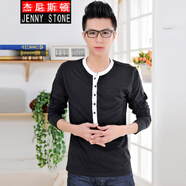 杰尼斯頓（Jenny Stone）潮牌長(zhǎng)袖t恤男修身學(xué)生彈力亨利領(lǐng)打底衫 黑色*白 M