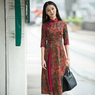 華族經(jīng)典真絲旗袍夏裝連衣裙中長(cháng)款短袖高檔桑蠶絲改良民族風(fēng)旗袍禮服 花色-十五天預售 L