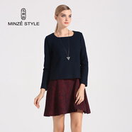 名師路品牌女裝冬季新款拼接粗花呢低腰長(cháng)袖連衣裙女 藏藍58色 M