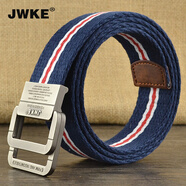 JWKE 男士雙環(huán)扣帆布腰帶運動(dòng)休閑青年牛仔褲皮帶百搭褲腰帶學(xué)生褲帶 紅白藍條紋 115cm