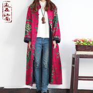 亂在江南民族風(fēng)印花棉麻風(fēng)衣女中長款春秋新品中式盤扣休閑外套女裝 玫紅色 L
