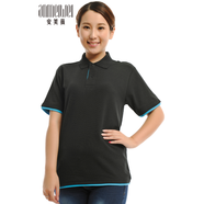 安美薇短袖撞色POLO衫夏半袖翻領(lǐng)T恤免燙吸濕透氣工作服空白廣告衫文化運(yùn)動(dòng)衫班服工裝制服 黑色/湖藍(lán)T恤 M/165