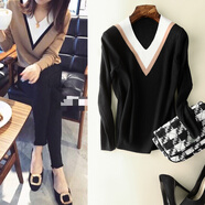 TUOSE 春秋季新款歐美范時(shí)尚女裝V領(lǐng)打底衫顯瘦百搭針織衫套頭長(cháng)袖毛衣 黑色 M