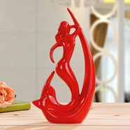 宏赫陶瓷工藝品擺件家居客廳裝飾酒柜玄關(guān)電視柜紅福喬遷送禮喜慶創(chuàng  )意 紅美人魚(yú)