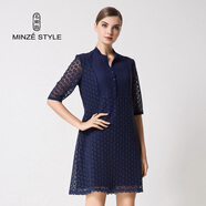 名師路春秋裝新款蕾絲拼接五分袖連衣裙小立領(lǐng)寬松腰A字裙 藏藍色58 M