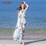 TUOSE夏季新品女裝吊帶高腰大擺雪紡連衣裙波西米亞長裙海邊度假沙灘裙 淺藍色 L